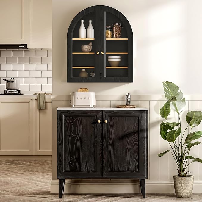Arched Wall Cabinet, Large Bathroom Medicine Cabinet Wall Mounted Cupboard, Modern Floating Storage Cabinet with Acrylic Door Adjustable Shelf, Wood Organizer (Black-Oak)