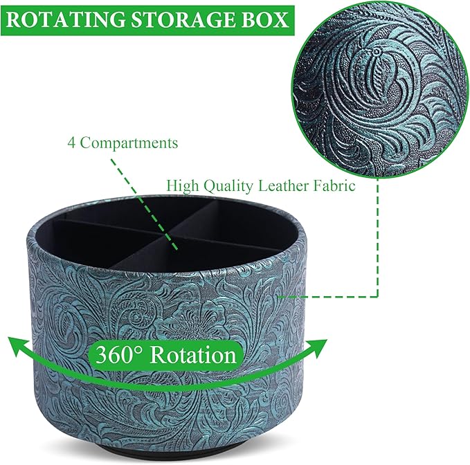 lizimandu Round Leather Art Supply Organizer,Remote Control Holder,360 Degree Spinning,Multi-Functional Pencil Holder,4 Compartments Desktop Stationary Organizer(1-Carved Metal Green3)