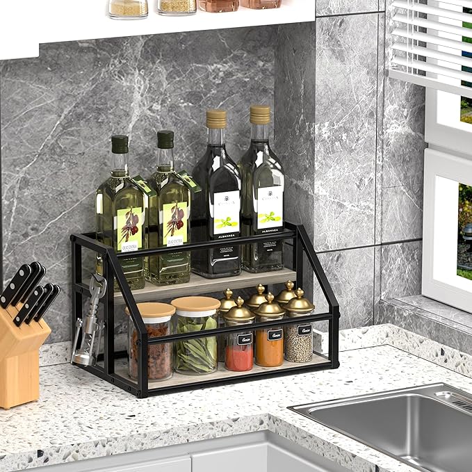 Coffee Syrup Rack Organizer, Syrup Bottle Holder Stand for Coffee Bar, 2-Tier 8 Bottles Storage Shelves for Syrup, Wine, Dressing for Kitchen Countertop, Greige