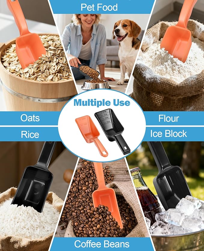 2-Pack Dog Food Scoop Set,1 Cup and 2 Cup Plastic Pet Food Measuring Scoops with Clear Measurement Lines,Multi-Purpose Pet Food Scooper for Dogs, Cats (Orange and Black)