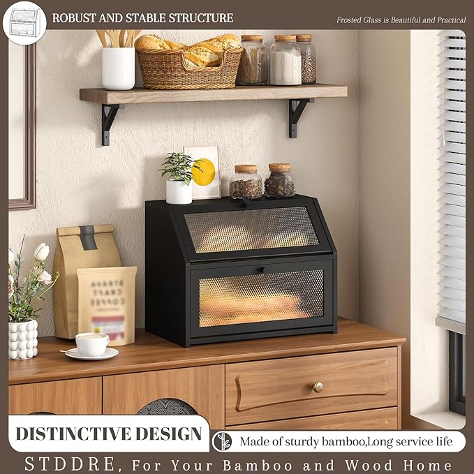 Bread Box for Kitchen Countertop Bin Double Layer Bread Box Storage Container Extra Large Capacity Farmhouse with Diamond Pattern Windows (Black, Large)