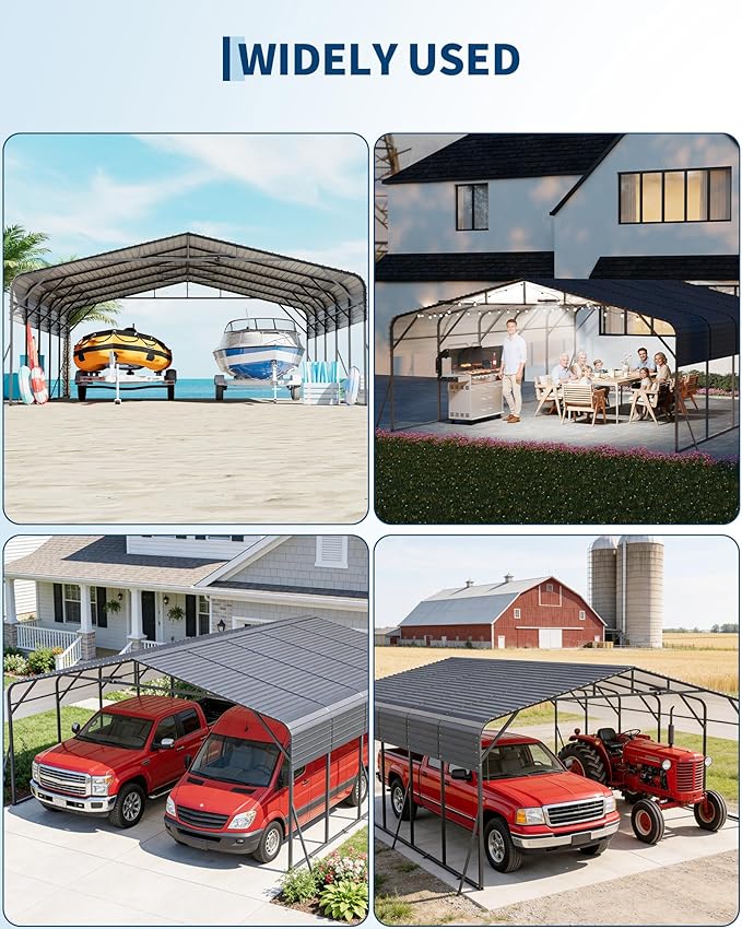 20x25FT Heavy Duty Metal Carport,Outdoor Portable Car Garage w/Led Light,Removable PE SideReinforced Base & Galvanized Steel Roof, Outdoor Car Port Canopy Shelter for Boats, Full-Sized Pickup Trucks