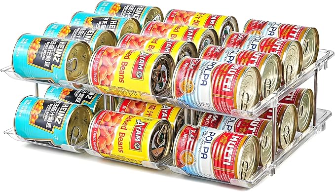 Can Organizer for Pantry, Stacking Can Storage Organizer Pantry, Automatic Rolling Can Rack for Fridge, 2Tire 3 Columns Can Holder for 24 Cans, Canned Goods Organizer