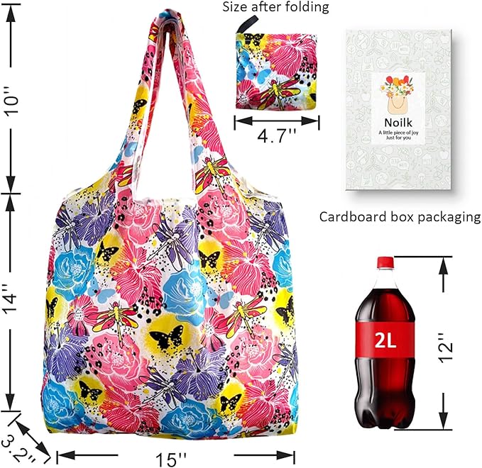 Reusable Grocery Bags, 6 Pack Foldable Shopping Tote Bags with Colorful Prints, Lightweight & Durable Washable Eco Friendly Totes for Groceries, Travel & Everyday Use