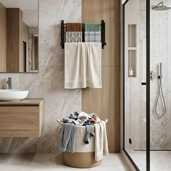Wall Mounted Towel Rack for Bathroom, Steel Towel Bar Storage Blanket Holder with 3 Triple Towel Rods, Black