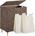 SONGMICS Laundry Hamper 2 Sections, 34.3 Gal. (130 L) Handwoven Water Hyacinth Wicker Laundry Basket with Lid, Natural Material, Removable Machine Washable Liners, Handles, Espresso ULCB202K01