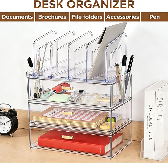 Acrylic Desk Organizer with 4-Vertical File Holder Rack, 3-Clear Drawer and 2 Pen Holders, Desktop Storage for Office Desk Accessories School Classroom Organization (Clear)