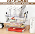 Acrylic Desk Organizer with 4-Vertical File Holder Rack, 3-Clear Drawer and 2 Pen Holders, Desktop Storage for Office Desk Accessories School Classroom Organization (Clear)