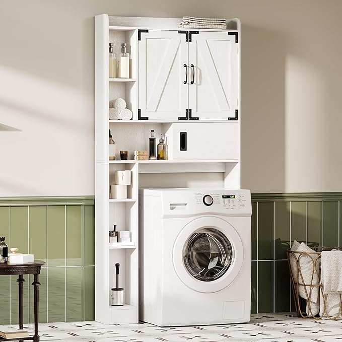 ChooChoo Over The Toilet Storage Cabinet, Farmhouse Bathroom Storage Cabinet with Sliding Door, Over Toilet Storage with Adjustable Shelves, Space-Saving, Antique White