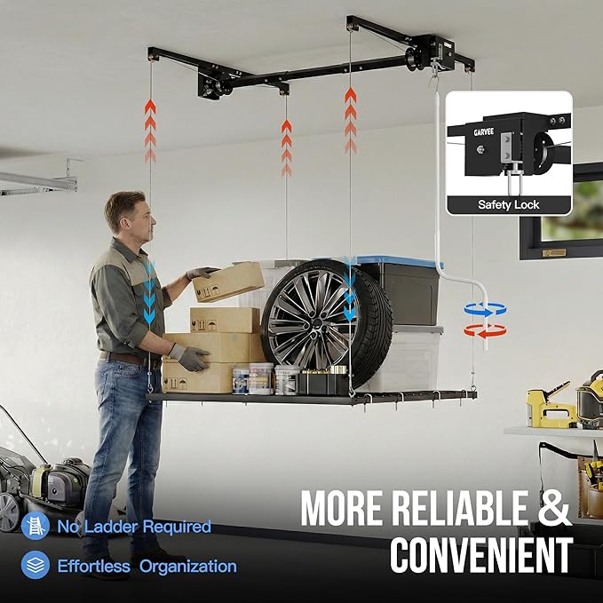 Overhead Garage Storage Rack Lift, 4x4 ft Ceiling Mounted Storage Racks, 79" Max Adjustable Height, 350lbs Weight Capacity, Heavy-Duty Metal Ceiling Rack for Organization