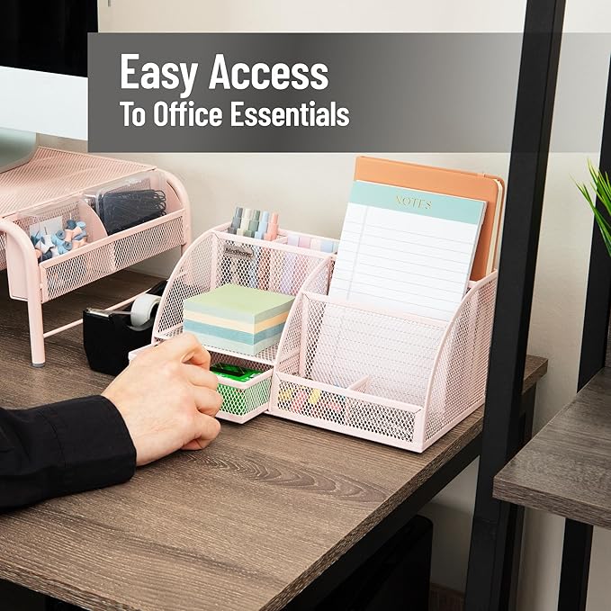 Mind Reader 7-Compartment Desktop Organizer, File & Accessory Storage, Metal Mesh Office Organizer for Desk, Workspace, Mail, Pink