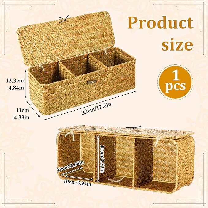 Seagrass Storage Basket with Lid, 3-Section Wicker Storage Baskets, Toilet Tank Toilet Paper Basket Holder, Handwoven Wicker Baskets, for Shelves Bathroom Closet Kitchen Organizing, 12.6x4.8x4.3 in
