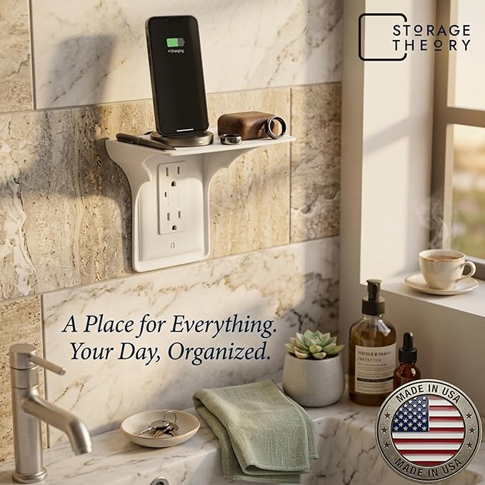 BeraTek Power Perch Wall Outlet Shelf with Cord Storage Strap - Declutter & Reclaim Counter Space - Bathroom Shelf Alexa Holder, Charging Stand, Apple Homepod Mini Wall Mount - White, 1-Pack