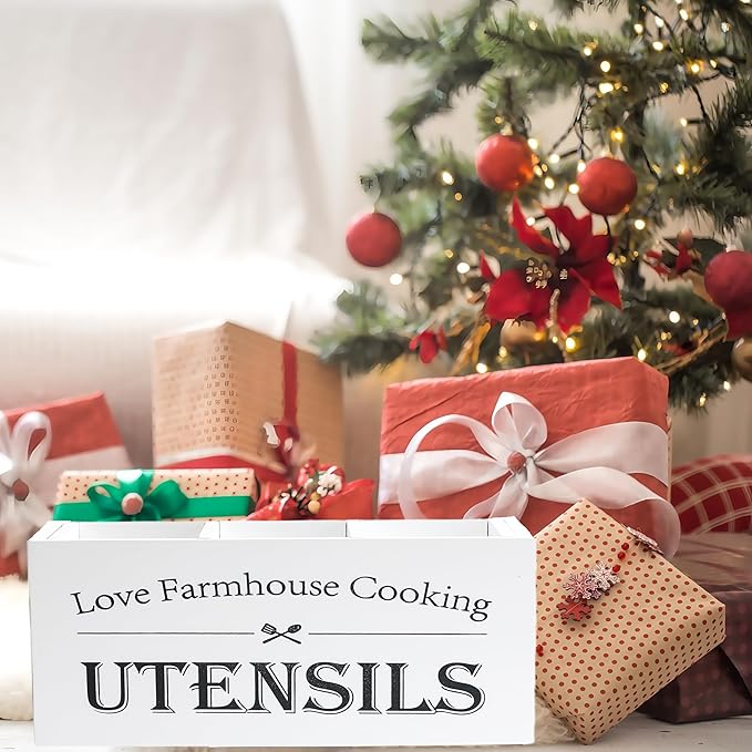 Utensil Holder,Extra Large Wooden Utensil Holder For Kitchen Counter,Cooking Spatula Organizer,Big Storage Caddy With 4 Compartments Flatware Spoon Tool Cutlery（White）