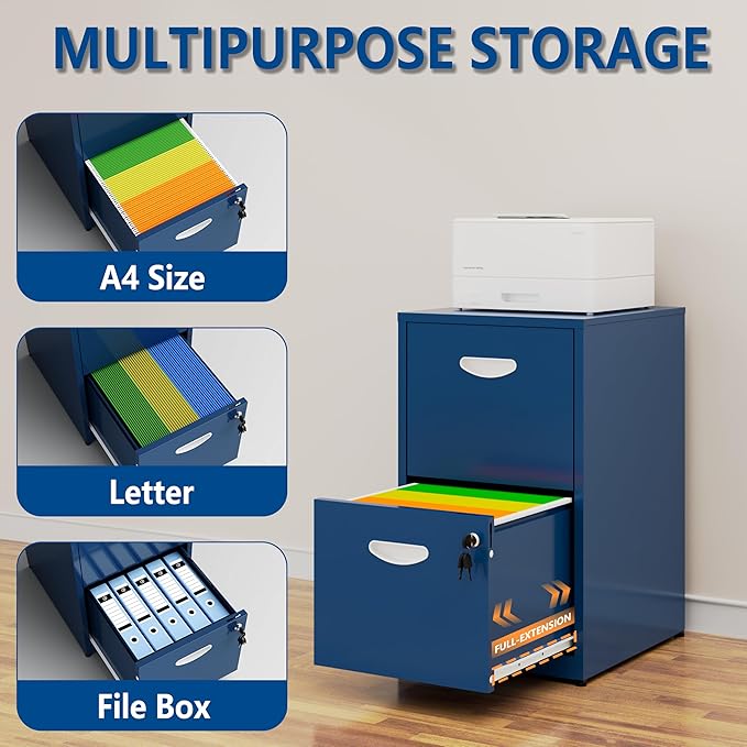 2 Drawer File Cabinet with Lock, Small Filing Cabinet for Home Office, Metal File Cabinet with Drawers for Under Desk, Blue, Assembly Required