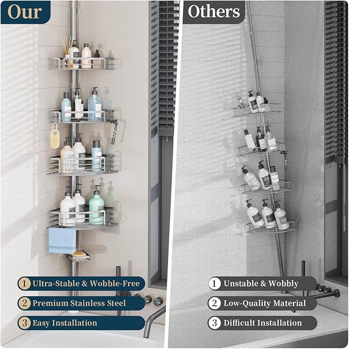Consumest Corner Shower Caddy Tension Pole - Rustproof Shower Shelves with Towel Bar & Soap Holder, Adjustable Bath Organizer for Bathroom Storage, 27.6-108.3 inch, Silver