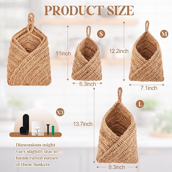 Honeydak Boho Decor Hanging Wall Baskets for Kitchen 3 Pack Teardrop Baskets with Hooks Storage Fruit Onion Vegetable Potato for Home 3 Sizes(Linen,Triangle,Jute)