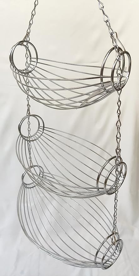 3 Tier Fruit Bowl Fruit Basket for Kitchen, Hanging Kitchen Storage Organizer, Detachable Design Chrome Wire with Metal Ceiling Hook Multipurpose Countertop Organizer for Vegetables Fruits Plants