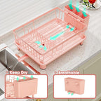Dish Drying Rack, Stainless Steel-Dish Rack, Dish Racks for Kitchen Counter, Kitchen Dish Drainers with Removable Utensil Holder,New Drain Outlet,Plate Rack and Drainboard,(Pink-11 W x 15" L)