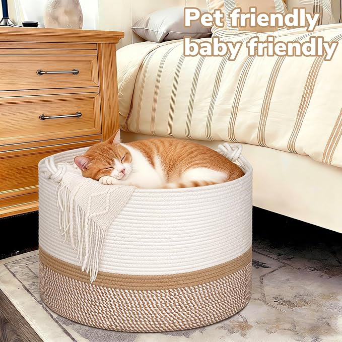 CherryNow 22"x22"x14" Large Blanket Basket, Home Décor for Living Room Bedroom, Cotton Rope Laundry Basket for Clothes Pillows, Baby Fall Decorations for Home Toy Storage, White & Camel