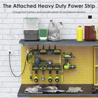 CCCEI Modular Power Tool Organizer Wall Mount Charging Station, Green 6 Drills Holder with 8 Plug Power Strip 10FT, Garage Drill Battery Heavy Duty Metal Shelf, Utility Rack with Hooks, Side Storage.
