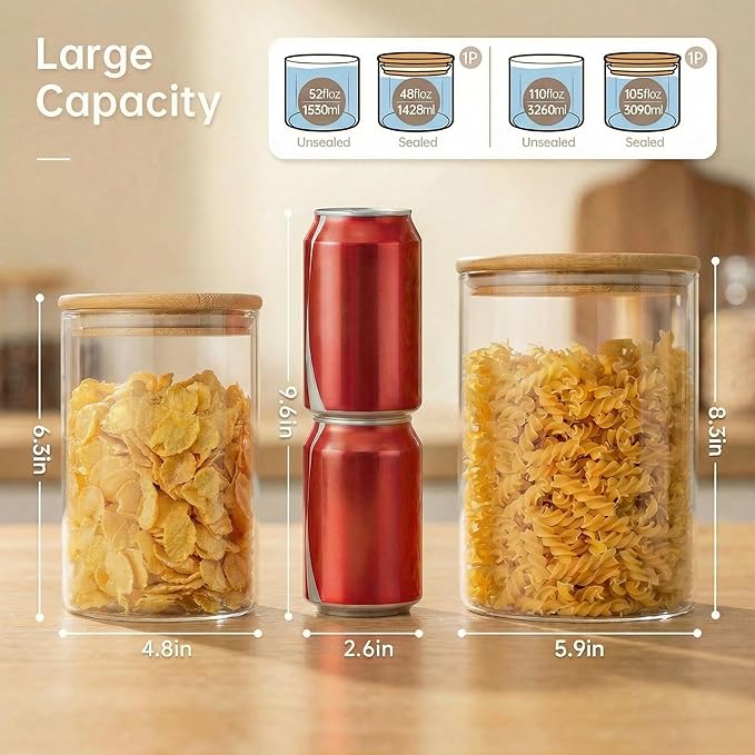 Extra Large Glass Flour and Sugar Storage Containers with Airtight lid,105 floz x1 & 48 floz x1 [Set of 2] Big Glass Jars with Bamboo Lids, Air Tight Food Jar for Cereal, Pasta, Rice, Coffee