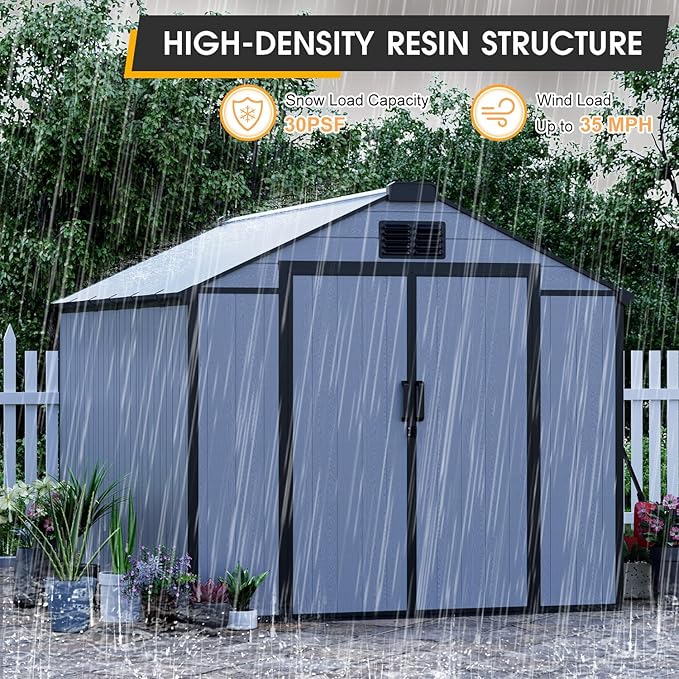 MELLCOM 8 x 12 FT Outdoor Resin Storage Shed with Floor, Garden Storage Shed with Windows and Lockable Door, Resin Tool Shed for Lawnmower, Pool Supply, Bike