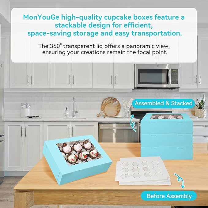 3-Set Cupcake Boxes Bulk with Clear Display Window Hold 12 Standard Cupcakes, Disposable Food Grade Blue Cupcake Carrier Cupcake Container, Perfect for Cupcakes Muffins Cookies Pastries
