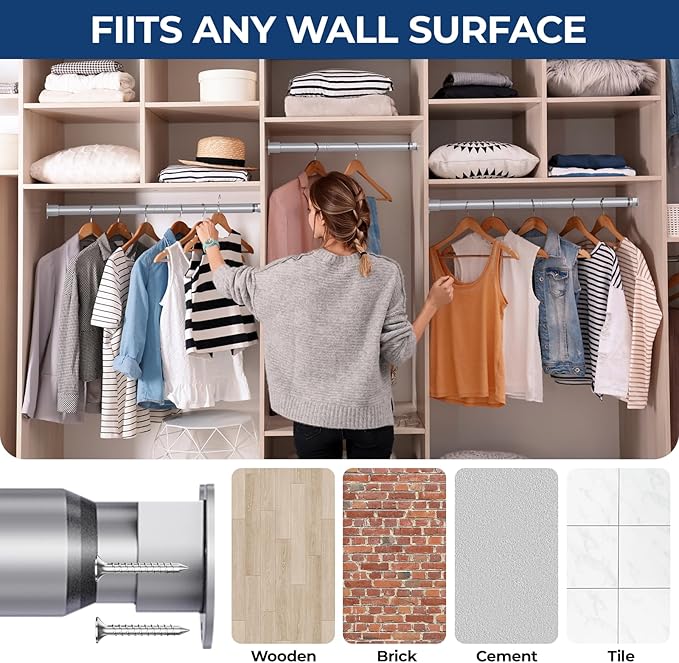 Mavivegue Closet Rod, 17 to 28 Inch Adjustable Closet Rods for Hanging Clothes, Silver Hanging Rod for Closet Wardrobes Laundry RV, Bathroom