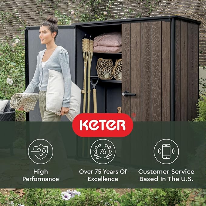 Signature Collection Vertical Outdoor Storage Shed, Weather-Resistant Resin Storage Cabinet with Double Doors & Heavy-Duty Floor, Walnut