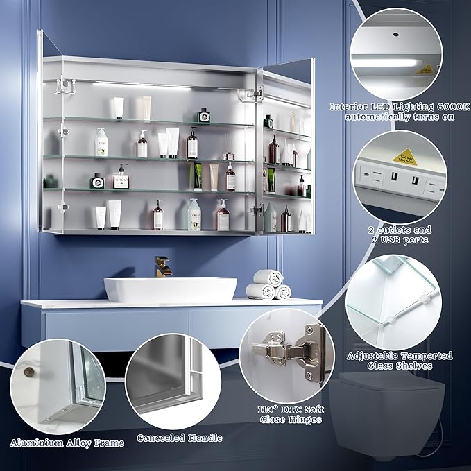 ExBrite LED Lighted Bathroom Medicine Cabinet with Mirror, 36 x 30 Inch,Recessed or Surface Mount,Anti-Fog, Stepless Dimming,Color Temperature Change,Built-in 6000K Sensor Light,Storage Shelves