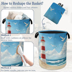 Lighthouse On The Beach Laundry Basket,Foldable Oxford Cloth Laundry Hamper With Handle, 20.8"x16" Portable Clothes Storage Basket Bag for Laundry Room/Bathroom/Bedroom/Dormitories