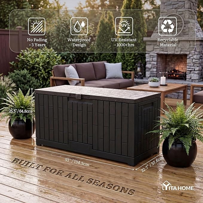 YITAHOME 120 Gallon Large Deck Box, Resin Outdoor Storage Box for Outdoor Pillows, Garden Tools and Pool Supplies, Waterproof, Lockable, Black