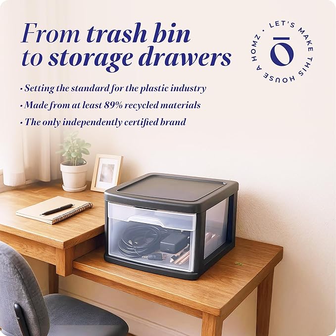 HOMZ 2-Pack 1-Drawer Storage Cart, Clear Plastic Container, 14.25" Wide Medium, Black Frame - Organizing Drawer Containers for Home, Bathroom, Bedroom, Office, and Classroom