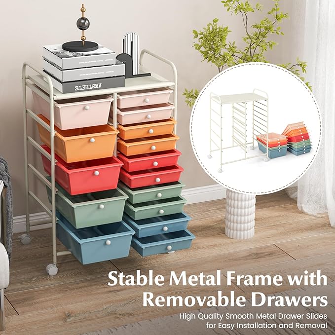 RELAX4LIFE 15-Drawer Storage Drawer Carts - Mobile Rolling Utility Cart w/Wheels, Craft Organizer for Classroom Organization and Storage, School, Office, Home, Storage Organizer Cart (Macaron)