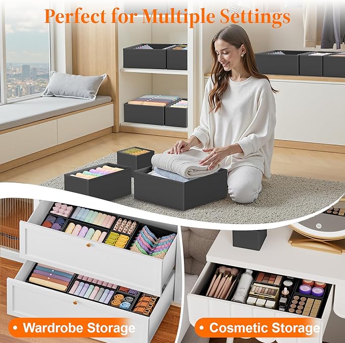 Drawer Organizer Clothes, 24 Pack Drawer Organizers and Underwear Organizer for Nursery, Dividers Clothes Organizer, Closet Organization and Foldable Storage Bins for Sock, Bra, Tie, Black