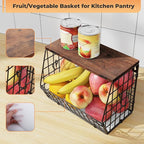 Fruit Basket for Kitchen Counter, Fruit Bowl Stackable Wall Mounted Hanging Fruit Basket Wire Basket with Wood Lid with Banana Hanger Hooks, Onion,Potato,Fruit and Vegetable Storage