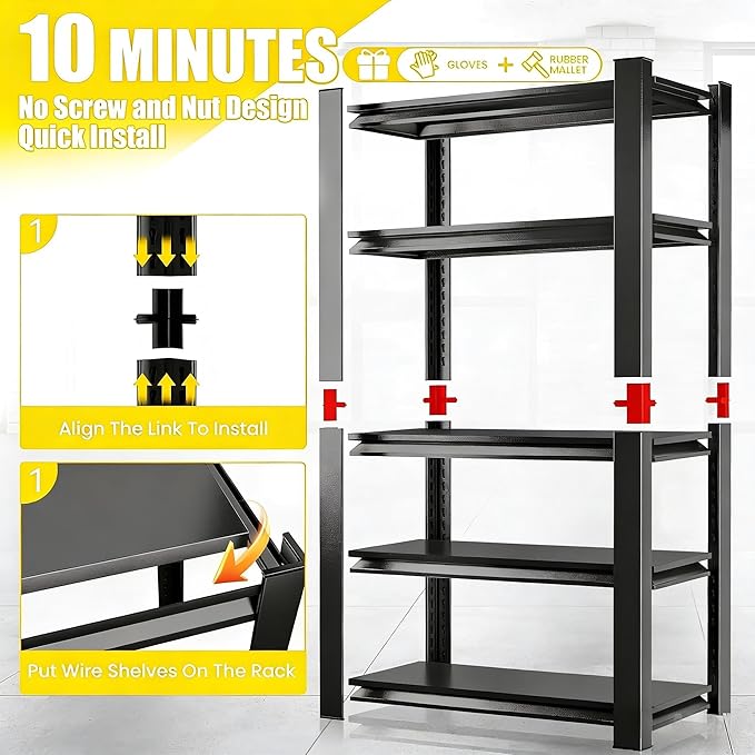 40" W Heavy Duty 4-Tier Adjustable Black Metal Garage Shelving Unit – Ideal for Garage, Basement, Pantry & Warehouse, Storage Shelves, 2400LBS, 16" D x 63" H, Black