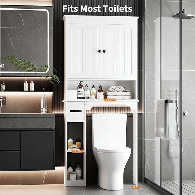 GAOMON Over The Toilet Storage Cabinet, Bathroom Shelf Organizer with Anti-Tip Device Small Freestanding Space Saver with Adjustable Shelf