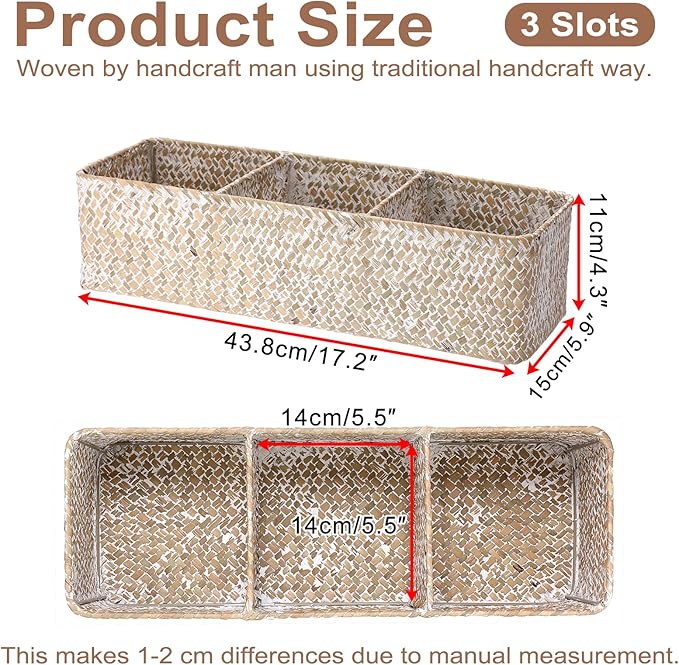 Hipiwe Handwoven Seagrass Storage Basket 3 Sections Toilet Tank Paper Basket Wicker Shelf Basket for Pantry Kitchen Living Room Home Decor, Whitewash