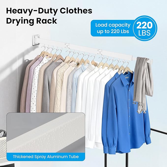 Clothes Drying Rack Wall Mounted, Retractable Collapsible(Tri-Fold) Space Saver, White with 18 Hooks for Laundry Room Organization Apartment Balcony Bathroom