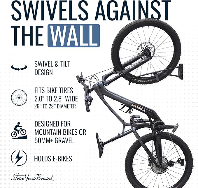 StoreYourBoard SwivelStow Bike Rack Garage Storage Rack 2 Pack - 2 Mountain Bike Bike Wall Mounts - Heavy Duty Bike Hanger - No-Lift Bike Rack Garage Storage Rack - Holds 70 lb Capacity