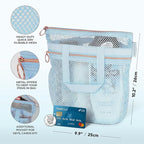 Mesh Shower Bag 10.2x9.9'' Quick-Dry Caddy with Zipper & 2 Pockets. Portable Toiletry Tote for Bathroom, Gym, Travel, Camp, Beach, for Sunscreen, Dorm & College Essentials (Blue)