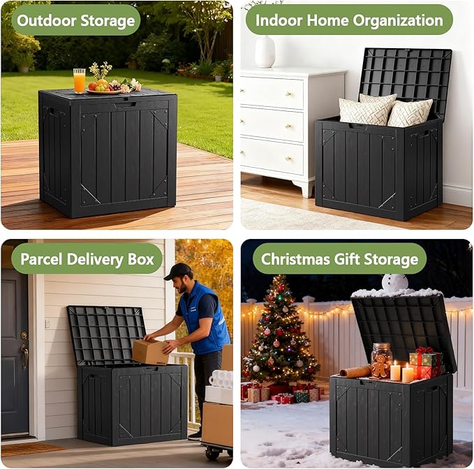 Outdoor Storage Box - 31 Gallon Waterproof Resin Deck Box, Lockable Patio Storage Bench for Package Delivery, Cushions & Garden Tools, UV Resistant (Black, 31 Gal)