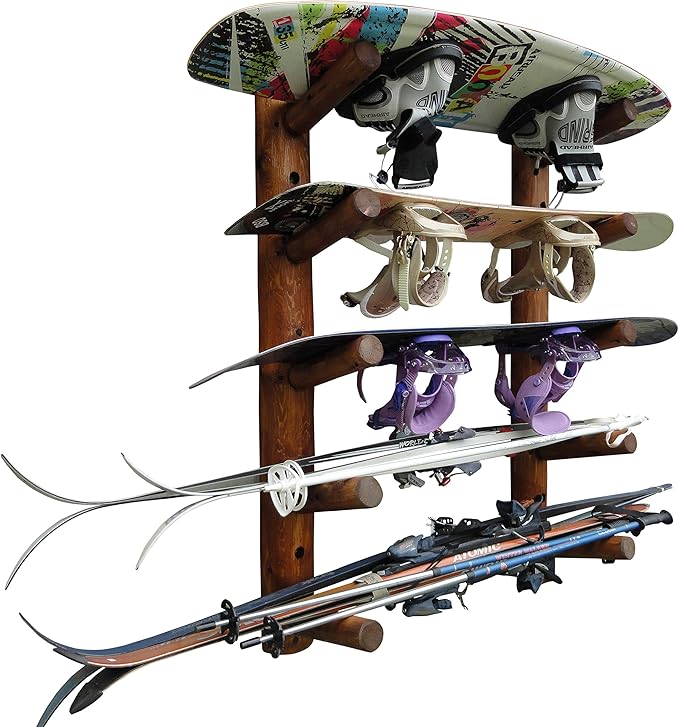 5-Place Wall-Mounted Skis/Snowboard Log Rack - Poles & Ski Wall Mount, Snowboards Wall Rack, Indoor & Outdoor Ski Holders for Walls, Hangers for Skis Indoor Storage - Canyon Brown