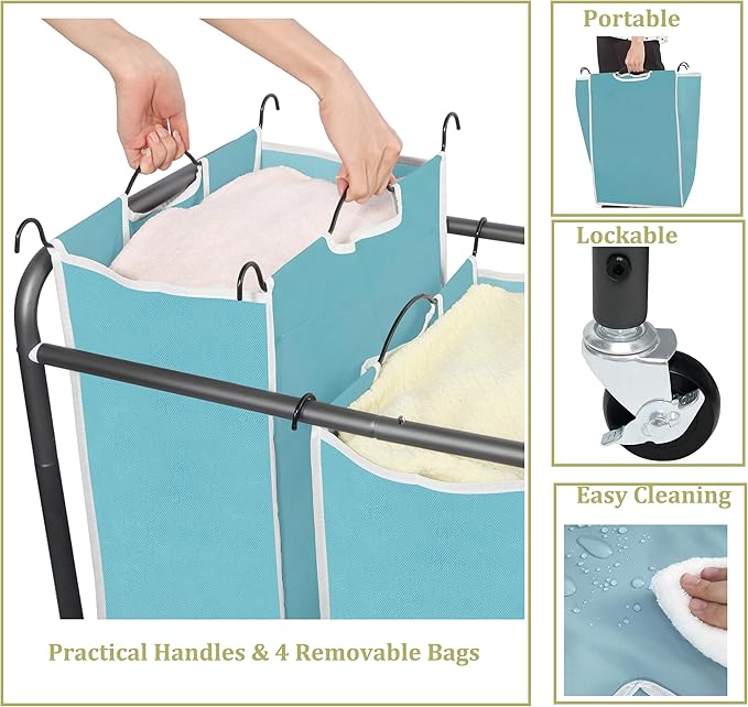 Laundry Sorter 4 Section, 4-Bag Heavy Duty Rolling Laundry Hamper Cart, Laundry Basket Organizer With Wheels and Removable Bags, Laundry Room Organization For Dirty Clothes Storage, BLUE
