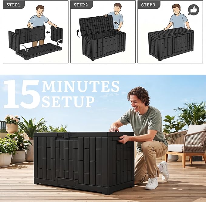 YITAHOME 60 Gallon Resin Deck Box, Weather Resistant Outdoor Rattan Storage Box, Lockable Indoor Outdoor Storage for Supplies and Essentials, Black