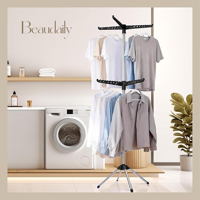 Beaudaily Clothes Drying Rack, Foldable 74.8-Inch Laundry Drying Rack, Indoor 2 Tier Drying Rack Clothing with Rotatable Arms, Stainless Steel, Holds 54 Pieces, Space Saving, Black and Silver