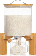 HBlife 8-10 Lbs Glass Rice Dispenser with Wooden Stand Flour and Cereal Container with Glass Measuring Cup Pantry Food Organization Storage Bin with Airtight Bamboo Lid, 5L