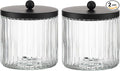 KMwares 2-Pack Glass Qtip Holder Dispenser Set - Bathroom Canister Storage Organizer for Cotton Balls, Swabs, Floss Picks, and Makeup Sponges with Matte Black Metal Lid - Clear Vanity Apothecary Jars